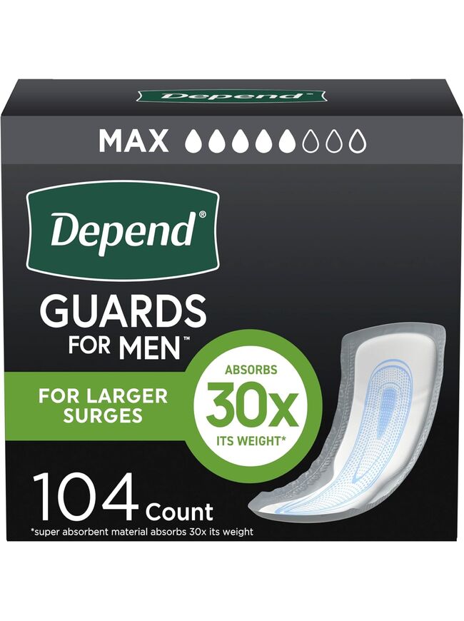 Depend Incontinence Guards/Incontinence Pads for Men/Bladder Control Pads, Maximum Absorbency, 104 Count (2 Packs of 52), Packaging May Vary