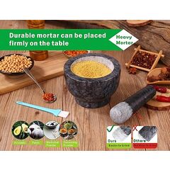 Mortar and Pestle Set Polished Natural Marble Guacamole Molcajete Bowl, Spices Grinder with Silicone Pad, Stainless Steel Spoon and Brush, 300ml Capacity Crusher(Medium, Dark Gray)