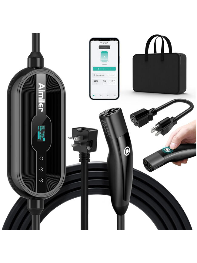 AIMILER Level 1/2 Tesla Charger(WIFI APP/Plug-play), 16A, 25ft Cable ETL Certified, 240V NEMA 6-20P Plug & 120V 5-15P Adapter, NACS Connector, Portable Electric Car EV Charger for Tesla Models Y/X/3/S
