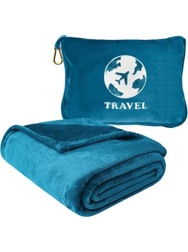 Bnuitland Travel Blanket and Pillow 2 in 1, Soft Flannel Airplane Blanket in Bag Compact-Long Flight Essential for Adults and Kids, Portable Luggage Sleeve and Backpack Clip, 65×40 inch Teal Blue