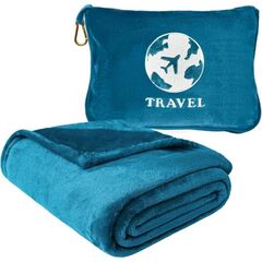 Bnuitland Travel Blanket and Pillow 2 in 1, Soft Flannel Airplane Blanket in Bag Compact-Long Flight Essential for Adults and Kids, Portable Luggage Sleeve and Backpack Clip, 65×40 inch Teal Blue