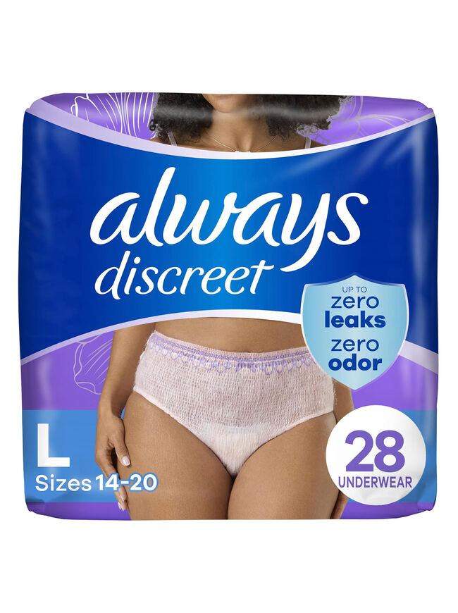 Always Discreet Adult Incontinence Underwear for Women and Postpartum Underwear, L, Up to 100% Bladder Leak Protection, 28 Count (Packaging May Vary)