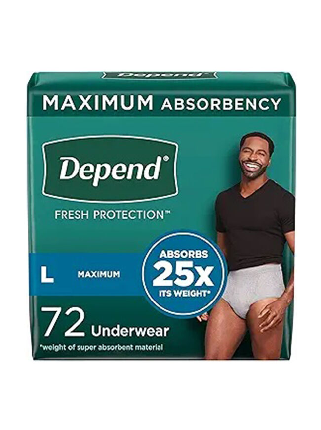 Depend Fresh Protection Adult Incontinence Underwear for Men, Disposable, Maximum, Large, Grey, 72 Count (2 Packs of 36), Packaging May Vary