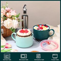 Nuenen 2 Pcs Soup Bowls with Lids and Handles 30 oz Microwave Safe Ceramic Soup Mug Microwavable Ramen Containers with Lids Large Colorful Cups for Noodle Cereal kitchen(Blue, Dark Green)