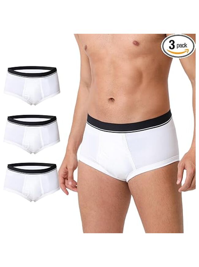 ShieldEase Washable Incontinence Underwear for Men - Cotton Leakproof Briefs with Fly, Front & Rear Urinary Leak Proof Panties, 150ml Absorbency (3 Pack, White, S)