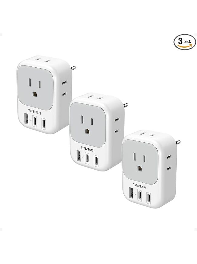 European Travel Plug Adapter 3 Pack, TESSAN Type C Charger Plug with 4 Outlets 3 USB (2 USB-C), US to Europe Plug Adapter for Italy, Spain, France, Portugal, Greece, Iceland, Travel Essentials