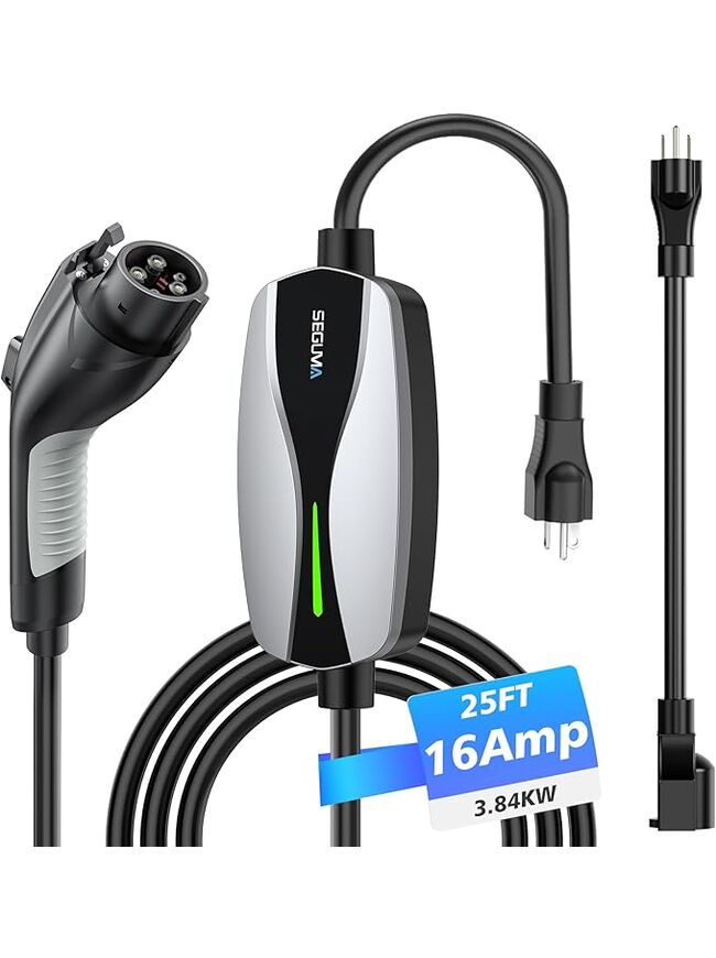 SEGUMA Level 1/2 EV Charger, 16Amp Electric Car Charger Portable EV Charger 25FT Cable with NEMA 6-20 Plug and NEMA 5-15 Adapter, Home Mobile EV Charging Station for J1772 BEVs/PHEVs 110V-240V(Silver)