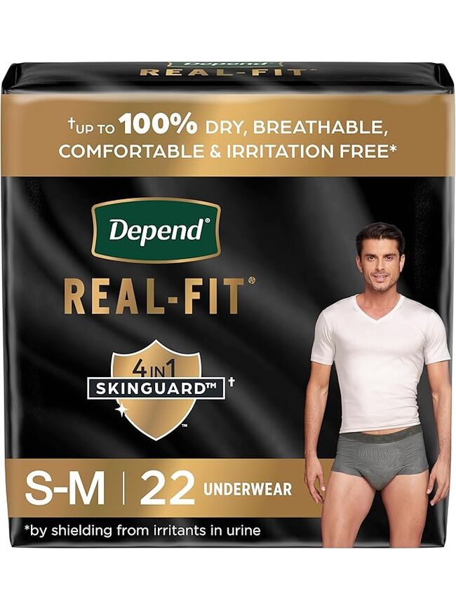 Depend Real Fit Incontinence Underwear for Men, Disposable, Maximum Absorbency, Small/Medium, Grey, 22 Count, Packaging May Vary