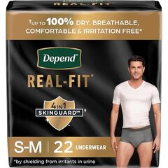 Depend Real Fit Incontinence Underwear for Men, Disposable, Maximum Absorbency, Small/Medium, Grey, 22 Count, Packaging May Vary