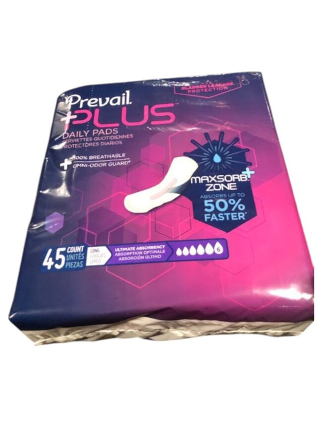 Prevail Plus | Long Length Incontinence Bladder Control Pads | Ultimate Absorbency | 45 Count