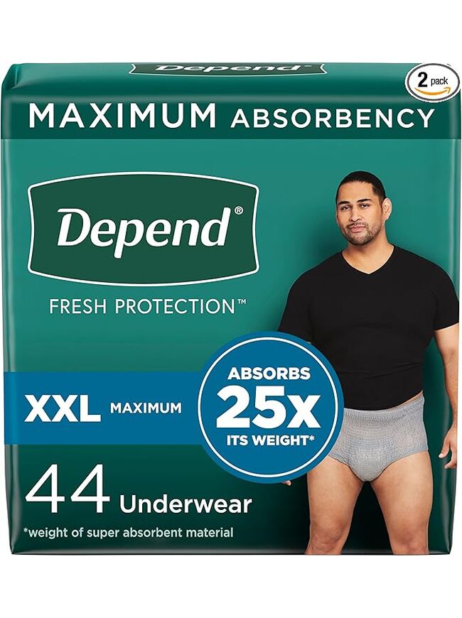 Depend Fresh Protection Adult Incontinence Underwear for Men, Disposable, Maximum, Extra-Extra-Large, Grey, 44 Count (2 Packs of 22), Packaging May Vary