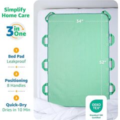 Improvia Positioning Bed Pad 34"x52" with 8 Reinforced Handles, Quick-Drying, Washable, Waterproof, Reusable, Mattress Protection, For Lifting, Turning, Transfering, Elderly and Incontinence patients.