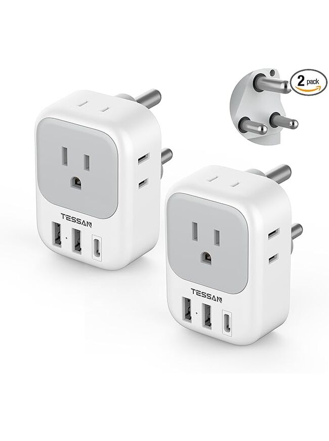 South Africa Plug Adapter 2 Pack, TESSAN Type M Power Adapter with 4 AC Outlets 3 USB Ports(1 USB C), Adaptor US to Botswana Namibia Nepal Bhutan