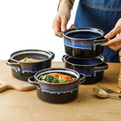 Porcelain Soup Bowls With Handles Microwave Safe, Soup Bowls Large, 24 Ounce for Soup, Cereal, Stew, French Onion Soup Bowl, Reactive Glaze Set of 4 (Nebula Blue)