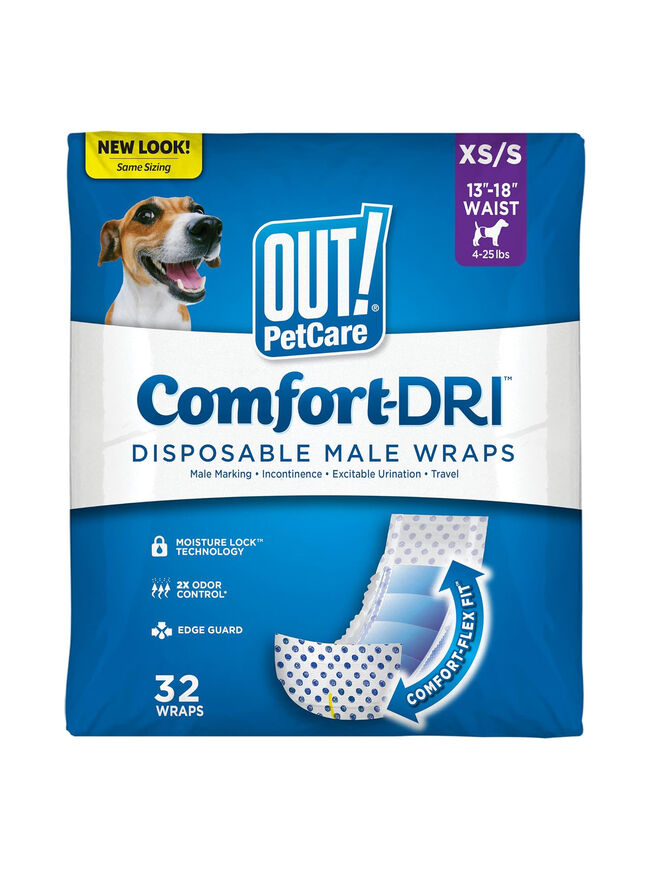 OUT! PetCare Disposable Dog Diapers Male, Puppy Belly Band, Potty Training, Doggie Diapers, Belly Bands for Male Dogs, Puppy Training, Incontinence, (XS/S, 32ct)