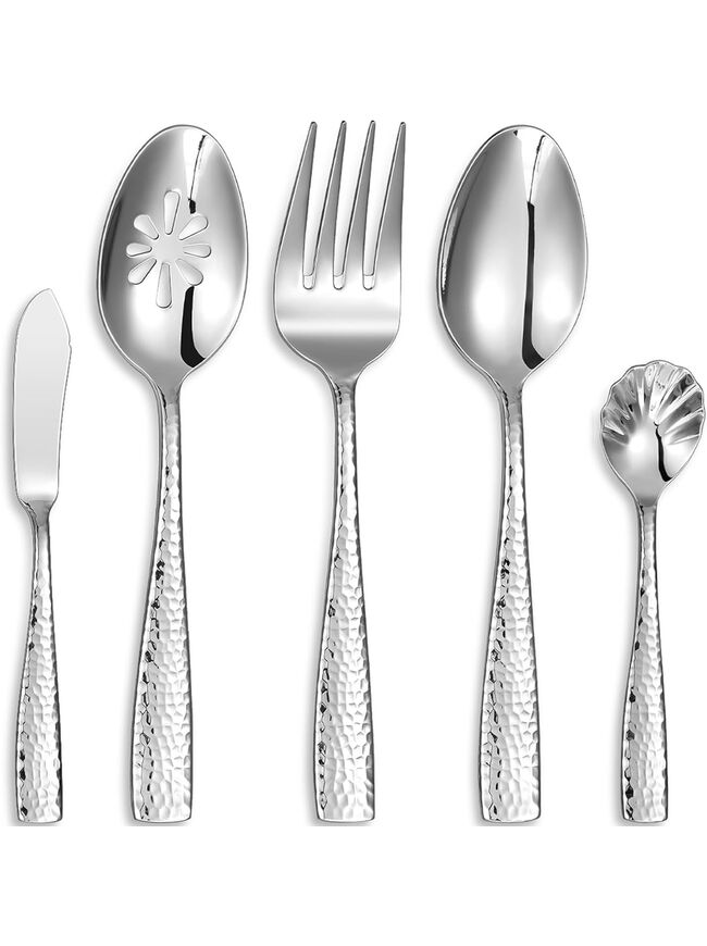 KEAWELL Premium Louis Hammered Serving Utensils, 18/10 Stainless Steel, Squared Edge Design, Mirror Finish, Dishwasher Safe (Hostess Serving Utensil Set)