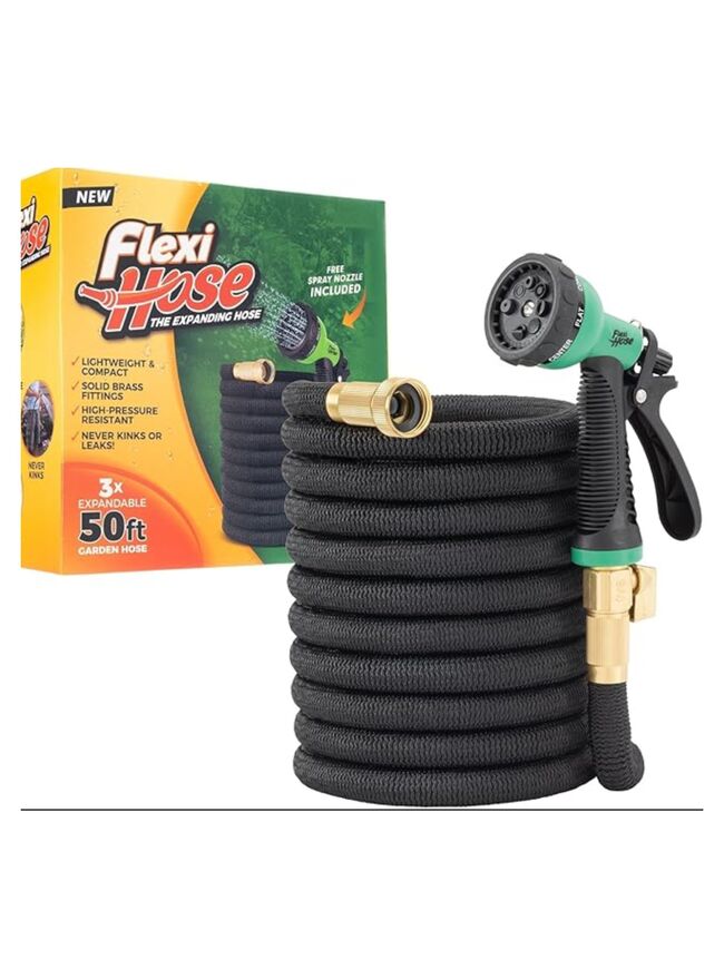 Flexi Hose with 8 Function Nozzle, 50FT - Lightweight Expandable Garden Hose, No-Kink Flexibility, 3/4 Inch Solid Brass Fittings and Double Latex Core