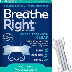 Breathe Right Nasal Strips | Extra Strength | Clear Nasal Strips | For Sensitive Skin | Help Stop Snoring | Drug-Free Snoring Solution & Nasal Congestion Relief Caused by Colds & Allergies | 26 Count