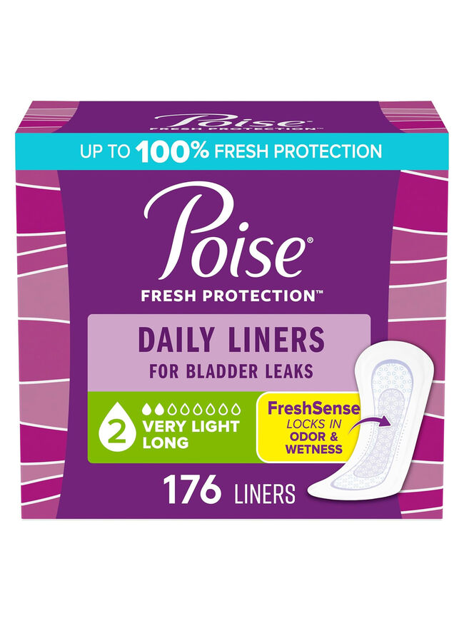 Poise Daily Liners, Incontinence Panty Liners, 2 Drop Very Light Absorbency, Long Length, 176 Count of Pantiliners (4 Packs of 44), Packaging May Vary