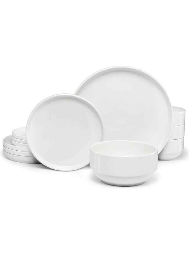 Ceramic Dinnerware Set, 12-Piece Service for 4, Soup Bowls (31.5 oz), Salad Plates (7.5"), Dinner Plates (10.5"), Round, Microwave and Dishwasher Safe, White, Cambridge Classics