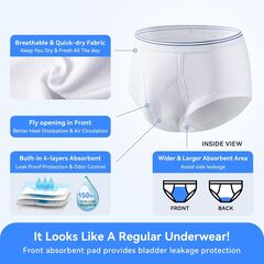 Carer Mens Incontinence Underwear Washable 3 Pack Cotton Reusable Incontinence Boxers Briefs for Men Built in Cotton Pad for Bladder Leakage 150ML, 2X-Large