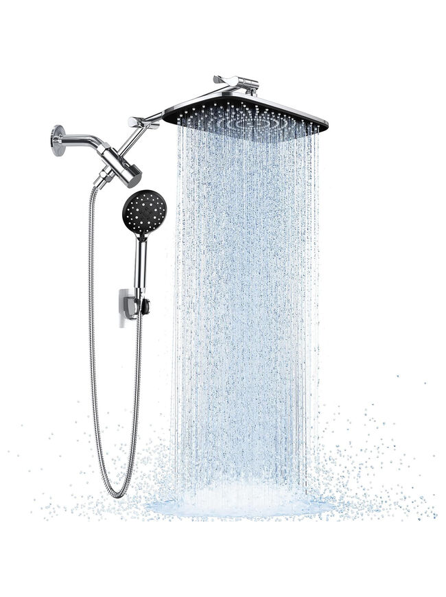 Veken Wide Rain Shower Head with 6 Modes Handheld Water Spray, High Pressure Showerhead Combo with Arm for Bathroom Accessories，Home Decor Adjustable Dual Shower with Anti-Clog Nozzles,Silver Chrome