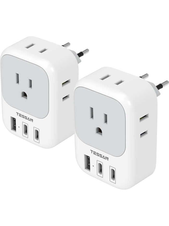 TESSAN US to Europe Plug Adapter with 4 Electrical Outlets 3 USB Ports, 2 Pack