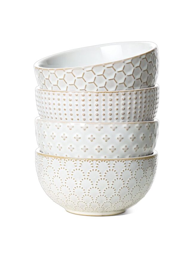 LE TAUCI Cereal bowls 26 oz, Ceramic Soup Bowl for Kitchen, Embossment Stoneware Bowl for Pho, Chip, Fruits, Salad, Noodle, Ramen, Suit For Housewarming - 6 Inch, Set of 4, Arctic white