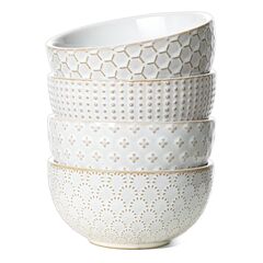 LE TAUCI Cereal bowls 26 oz, Ceramic Soup Bowl for Kitchen, Embossment Stoneware Bowl for Pho, Chip, Fruits, Salad, Noodle, Ramen, Suit For Housewarming - 6 Inch, Set of 4, Arctic white