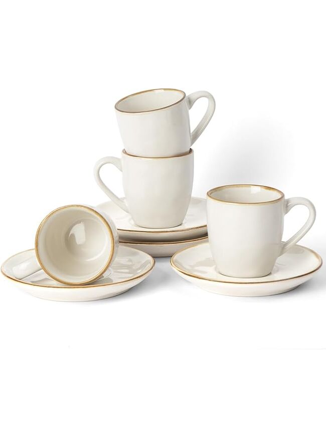 famiware Ocean Espresso Cups with Saucers Set of 4, 3.34oz Espresso Cup Set, Coffee Mug Set for Latte, Macchiato, Stoneware Demitasse Cups Set for Cafe, Microwave&Dishwasher Safe, Vanilla White