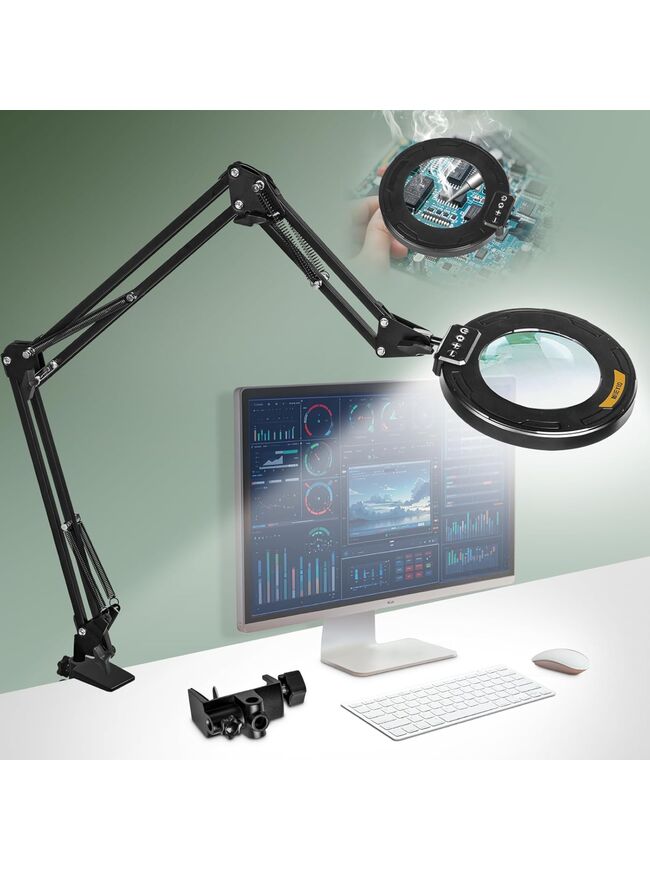 Ultra Long 3-Section Swing Arm 12X Magnifying Glass with Light and Stand, 4-way Large Strong Metal Clamp Lighted Magnifier Lamp, 5 Color Modes LED Magnifying Lamp for Workbench, Crafting, Hobby