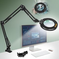 Ultra Long 3-Section Swing Arm 12X Magnifying Glass with Light and Stand, 4-way Large Strong Metal Clamp Lighted Magnifier Lamp, 5 Color Modes LED Magnifying Lamp for Workbench, Crafting, Hobby
