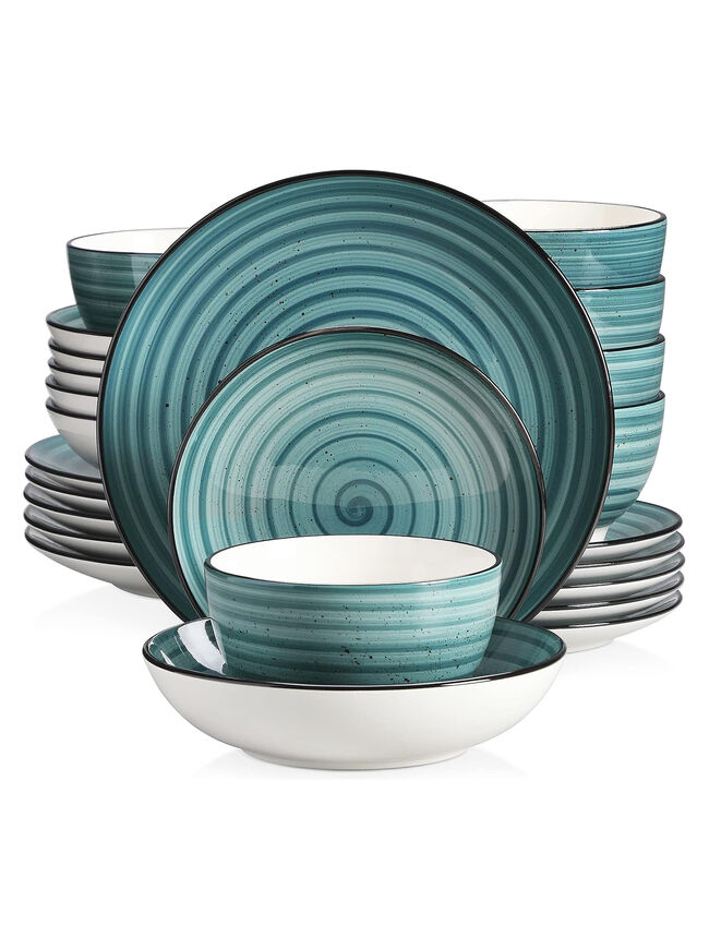 vancasso Bonbon Green Dinnerware Set 24 Pieces Stoneware, Handpainted Spirals Pattern Ceramic Combination Set with Dinner Plate/Dessert Plate/Soup Plate/Bowl, Service for 6