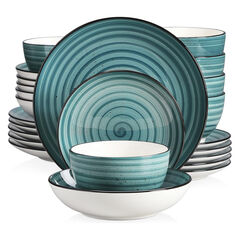 vancasso Bonbon Green Dinnerware Set 24 Pieces Stoneware, Handpainted Spirals Pattern Ceramic Combination Set with Dinner Plate/Dessert Plate/Soup Plate/Bowl, Service for 6
