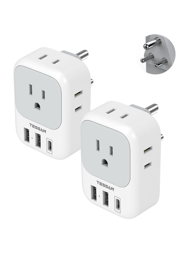 India Plug Adapter 2 Pack, TESSAN Type D Travel Adapter with 4 Outlets 3 USB Charger (1 USB C Port), US to Indian Outlet Adaptor for USA to Bangladesh, India, Kuwait, Maldives