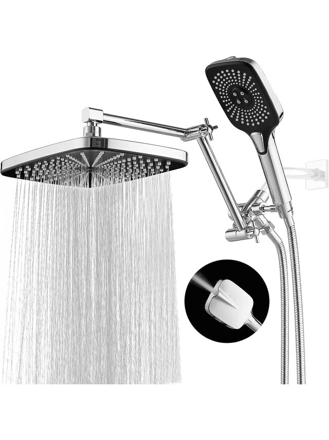 12 Inch Shower Head With Handheld Combo, High-Pressure Rain/Rainfall Shower Heads With 3+1 Settings Handheld Spray, Including 3-Way Diverter, Extension Arm - Height/Angle Adjustable(Chrome)