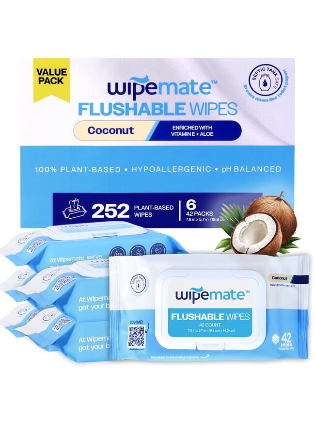 Wipemate Ultra Flushable Butt Wipes - Soothing Vitamin E & Aloe - Coconut Scent - 6 Premium Flip Top Packs - 42 Wipes Per Pack - 252 count