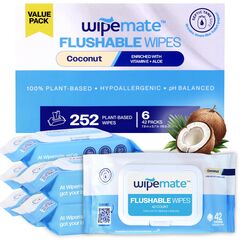 Wipemate Ultra Flushable Butt Wipes - Soothing Vitamin E & Aloe - Coconut Scent - 6 Premium Flip Top Packs - 42 Wipes Per Pack - 252 count