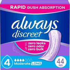 Always Discreet Adult Incontinence Pads for Women, Moderate Absorbency, Long Length, Postpartum Pads, 44 CT