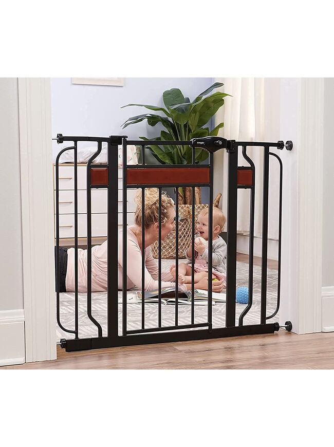 Regalo 30" Tall Designer Baby Gate - Up to 42" Wide - Black with Cherry Wood