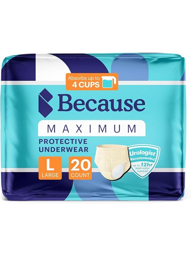 Because Discreet Maximum Adult Incontinence & Postpartum Underwear for Women, High Absorbency, Disposable, Absorbs Up to 4 Cups, Beige, Large, 20
