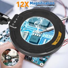 Ultra Long 3-Section Swing Arm 12X Magnifying Glass with Light and Stand, 4-way Large Strong Metal Clamp Lighted Magnifier Lamp, 5 Color Modes LED Magnifying Lamp for Workbench, Crafting, Hobby