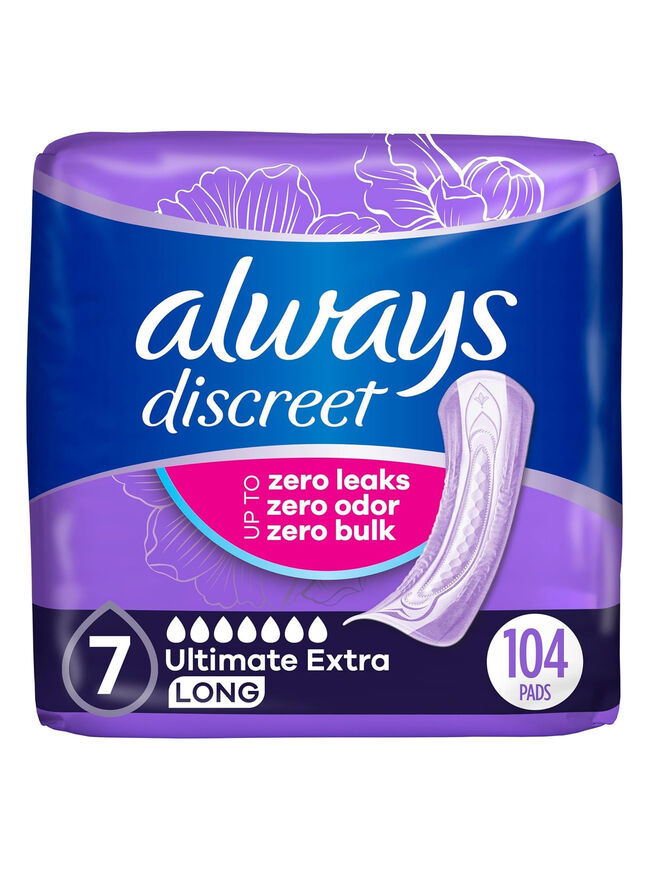 Always Discreet Adult Incontinence Pads for Women, Ultimate Extra Absorbency, Long Length, Postpartum Pads, 104 Count (Packaging May Vary)
