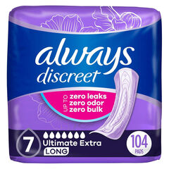 Always Discreet Adult Incontinence Pads for Women, Ultimate Extra Absorbency, Long Length, Postpartum Pads, 104 Count (Packaging May Vary)