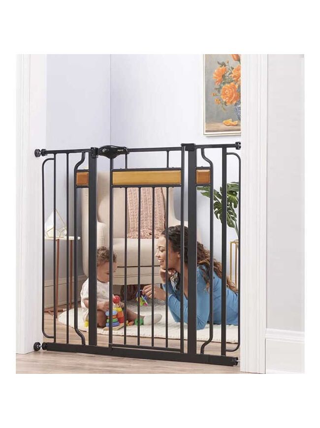 Regalo Extra Tall Designer Baby Gate - Up to 42" Wide - Black with Cherry Wood