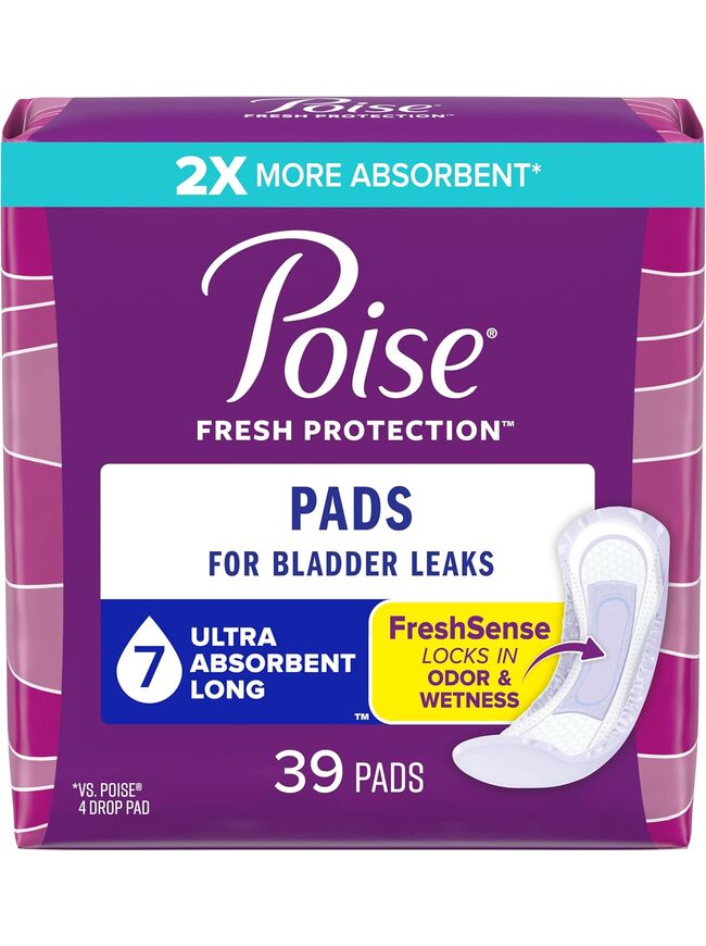 Poise Incontinence Pads & Postpartum Incontinence Pads, 7 Drop Ultra Absorbency, Long Length, 39 Count, Packaging May Vary