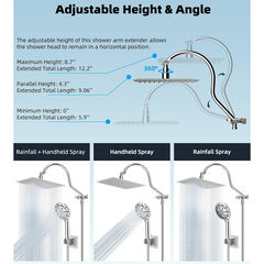 Hibbent 12'' All Metal Shower Head, High Pressure Rainfall Shower Head, Handheld Showerhead Combo, 12'' Adjustable Curved Shower Extension Arm, 7-Spray, 71'' Hose, Adhesive Showerhead Holder, Chrome