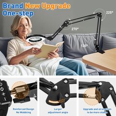 Ultra Long 3-Section Swing Arm 12X Magnifying Glass with Light and Stand, 4-way Large Strong Metal Clamp Lighted Magnifier Lamp, 5 Color Modes LED Magnifying Lamp for Workbench, Crafting, Hobby