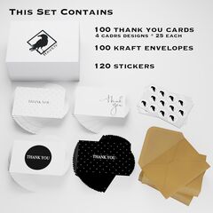 Thank you cards with kraft envelopes and stickers, pack of 100 psc, 4x6 inch, 4 designs, suitable for business, wedding, bridal & baby shower, funeral