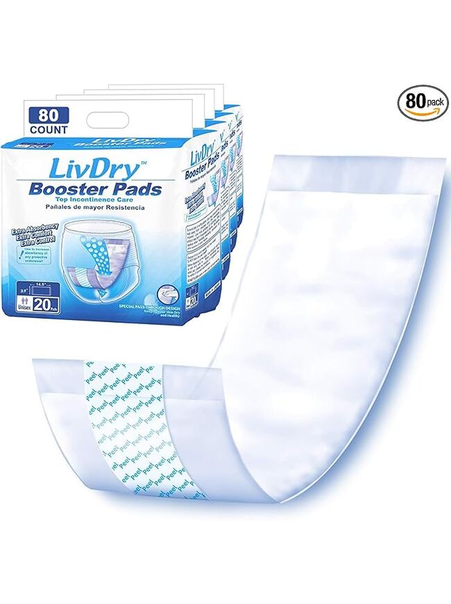 LivDry Incontinence Booster Pads, Use with Adult Diapers for Women and Men, Extra Comfort Softness, Disposable Pad (80 Count, Regular Length)